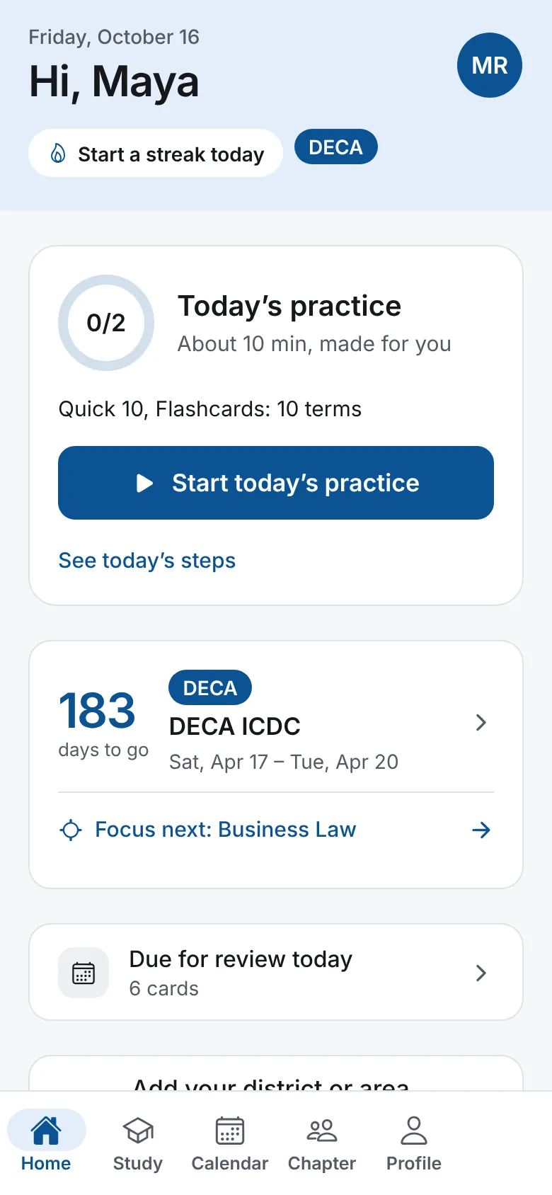 The home screen: today’s practice, about 10 minutes made for the student, a countdown to DECA ICDC and flashcards due for review.