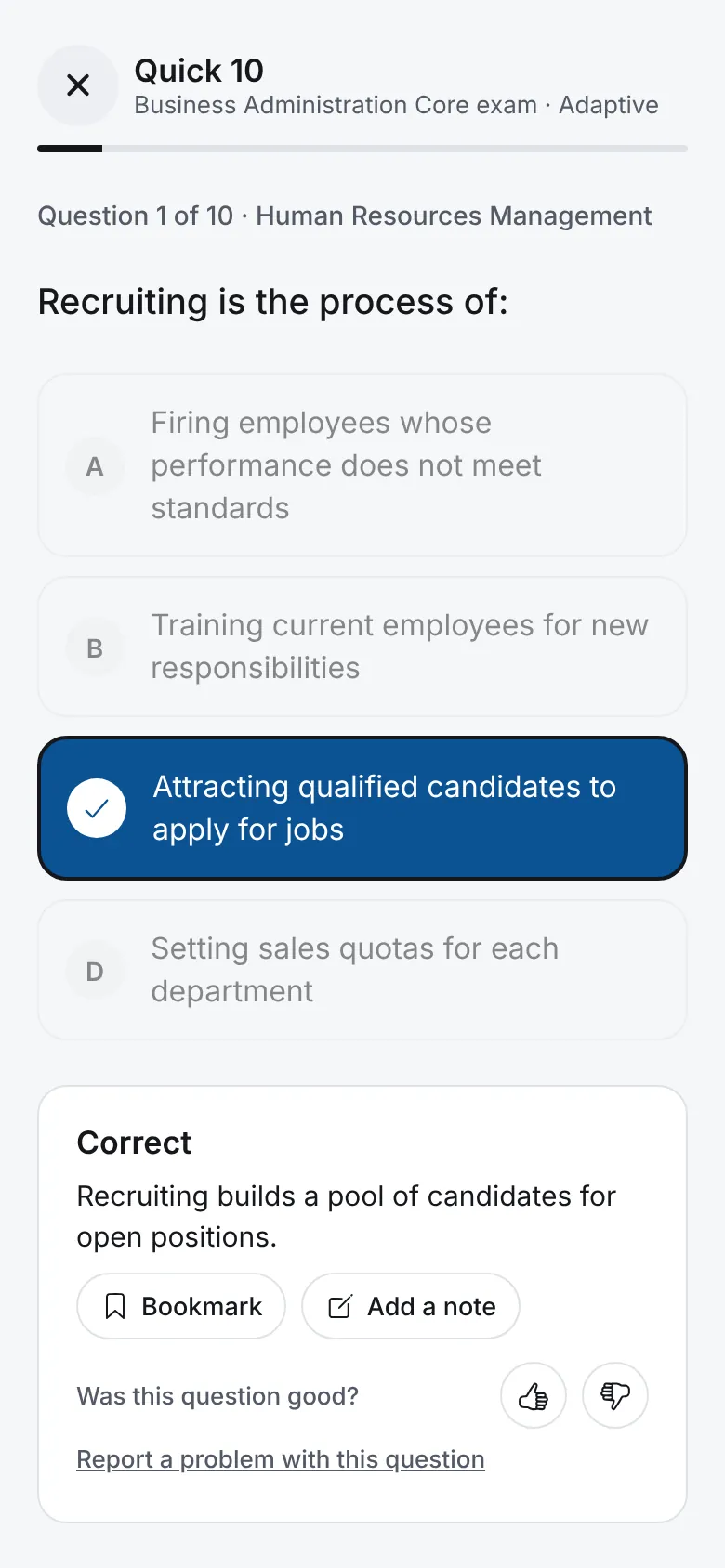A practice test question on recruiting, with the correct answer selected and a short explanation.